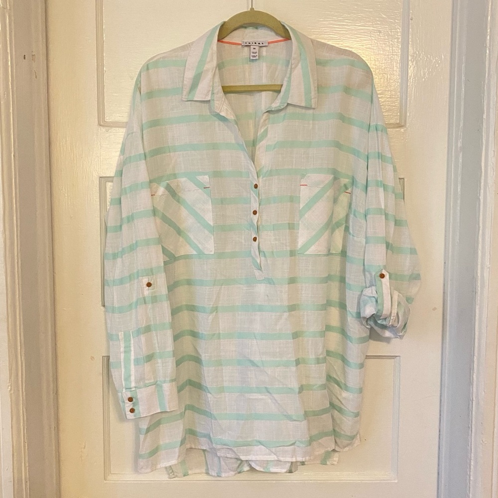 Tribal Linen Striped Green & White Tunic Shirt Size 2X NWT Adjustable Sleeves